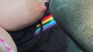 Engorged Milky tits painfully bouncing driving dirt road flashing 