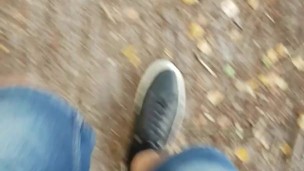 Taking my big balls and cock for a walk in the woods - almost caught 