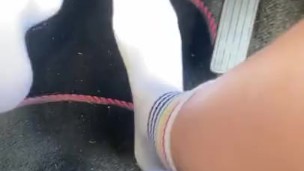 Pedal pumping in sexy white stocks 