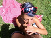 Outdoor blowjob with sunbathing girlfriend. Cum swallow. 10/16