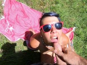 Outdoor blowjob with sunbathing girlfriend. Cum swallow. 13/16