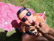 Outdoor blowjob with sunbathing girlfriend. Cum swallow. 14/16