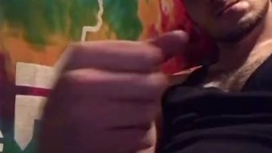 Stroking curved hard throbbing cock