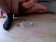 Pantyhose feet over cage, cumshot on feet and cum cleanup 7/16