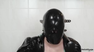 Spitting fun with latex mask, costume and gloves - Saliva mess on shiny rubber clothing (TRAILER)