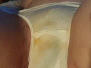 ⭐ Pissing her already pee stained knickers in bed while smoking! Showing wet butt! Dirty girl ;) 9/16