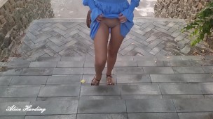 Alice in a short blue dress flashing her pussy outdoors and on the bus upskirt
