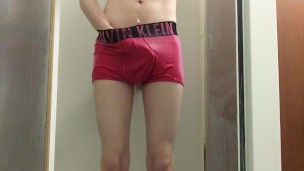 Desperate college twink pisses his pink Calvin Klein boxer briefs