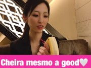Sub-cama Português| Pôr este preservativo nesta banana pela minha boca♥ boquete e punheta japonesa 6/16