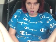 redhead makes herself cum in the car