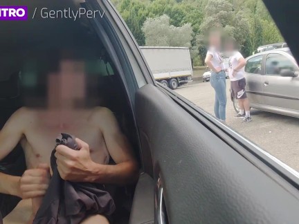HIGHWAY HANDJOB - I wank inside my car in a rest area when a sexy woman see my cock