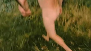 Naked barefoot walk in forest woods