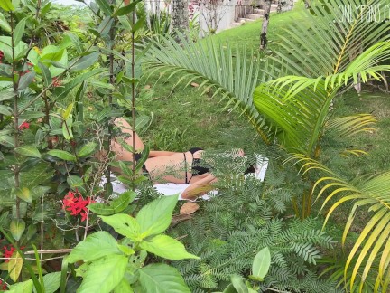 the hottie was caught on masturbating in the bushes and she was fucked