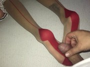 Big cumshot on beautiful legs in red nylons 3/16