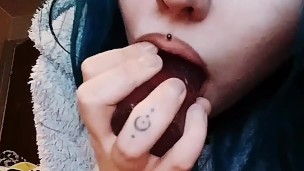 Cry on it! Submissive sucking her dildo and tearing up 