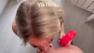 Two cocks in the mouth of a hot blonde. Very passionate blowjob. Deep Throat. Got cum in mouth an