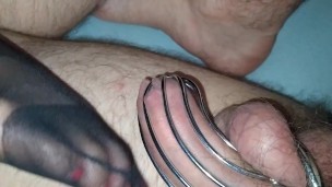 Chastity cage foot teasing