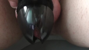 Sissy Piss & Cum in Chastity Cage at Mall's Bathroom