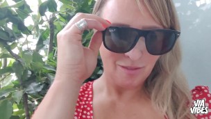 Blonde MILF Via Vibes releases her tits, then gives upskirt view of her pretty pussy