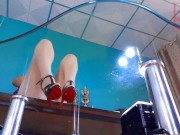 Nude employee. The pretty secretary is putting on white tights. 1 10/16