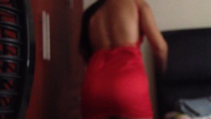 Red dress with sexy brunette