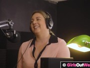 Curvy blonde with big boobs licks unshaved cunt and asshole in the podcast studio 2/16