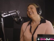 Curvy blonde with big boobs licks unshaved cunt and asshole in the podcast studio 3/16