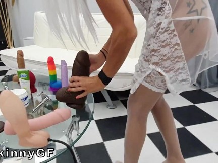 Pussy stretching session in doggystyle for my skinny GF. She needs a Giant black dildo!