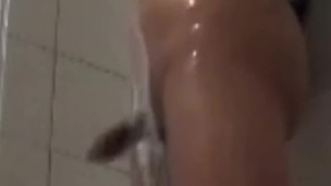 asian shemale masturbate her cock with bubbles in the shower