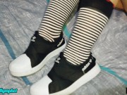 Curious blonde Milf sneakers socks smelling facesitting footjob hairy pussy licking orgasm