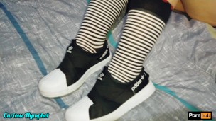 Curious blonde Milf sneakers socks smelling facesitting footjob hairy pussy licking orgasm