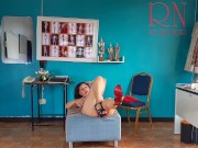Naked secretary in the office. Red corset and panties. Striptease in the office. 19 min VIDEO 10/16