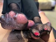 Footjob with red nail polish cum on black fishnet stockings(front cam) 16/16