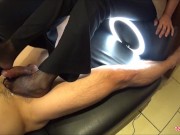 Footjob with red nail polish cum on black fishnet stockings(side cam) 8/16