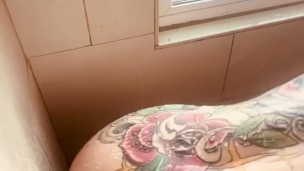 Big booty tattooed milf sucks and fucks her dildo in the shower! Close up POV! 