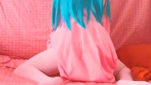 Girl playing with her new monster pink dildo dragon dildo ride in white thigh high socks