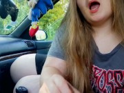 Milking my BF's small dick in the car and spit on him - Public Handjob 15/16