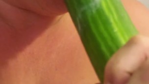 Milf sucks her own pussy cream off cucumber