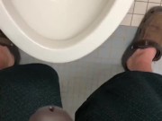 POV Pissing thru my hollow cock sleeve device in a public washroom then tasting the last few P drops