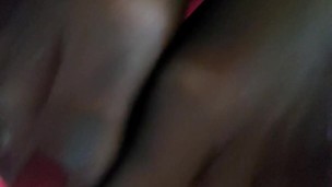 feets in 15 den stockings close up, splashes of white cream on toes, dirty whisper talk