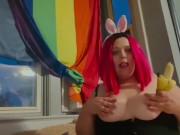 Sucking on a banana and showing my tits