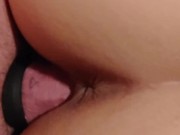 Creampie soaks her grey panties