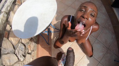 African pussy with bald head fucked doggy by a huge cock & sprayed full in her mouth