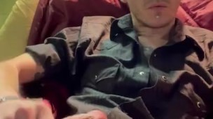 Beermunkie in black curious guy jerking that white trash punk huge cock until he tastes his own cu