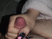 I wank his little cock until his cum runs over my long black nails *cumblast/cum on nails* 13/16