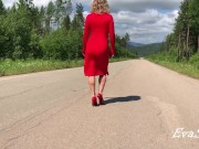 Blonde in red dress gets fucked hard on the road 2/16