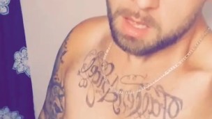 Sexy tatted dude jerkin in bathroom