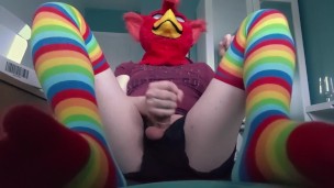 Fursuit Teasing with cute rainbow socks, stripping, and cumming inside condom