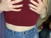 Stripping down to a cup less bra and crotch less panties 3/16