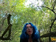 cutie in glasses with blue hair fucks and gives a good blowjob in the woods 11/16